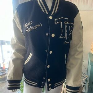 True Religion Black and Cream Varsity Jacket